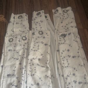 White and Grey Floral Embroidered Grommet Window Curtains 6 panels